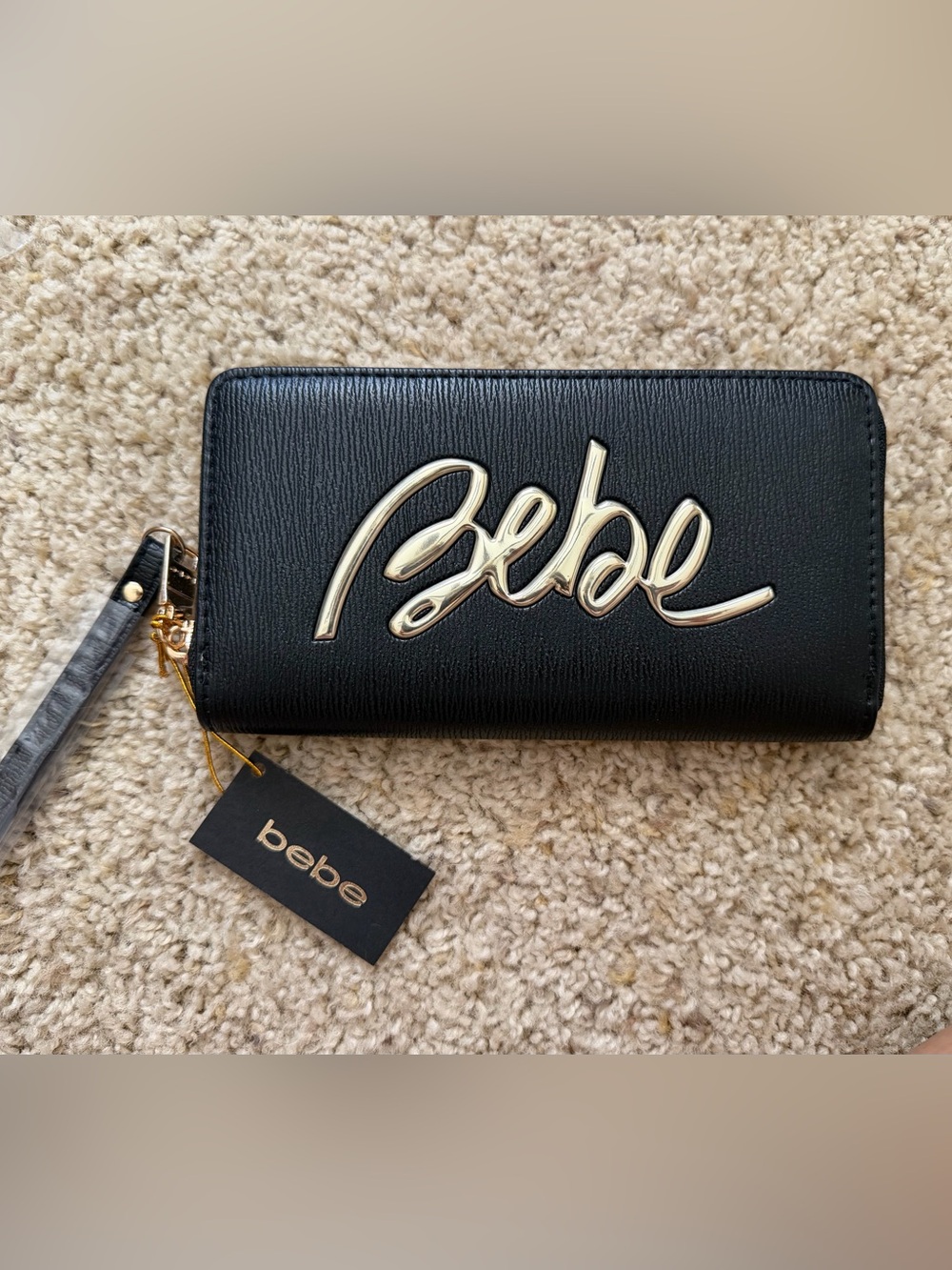 bebe Black Wallet with Gold Script Logo